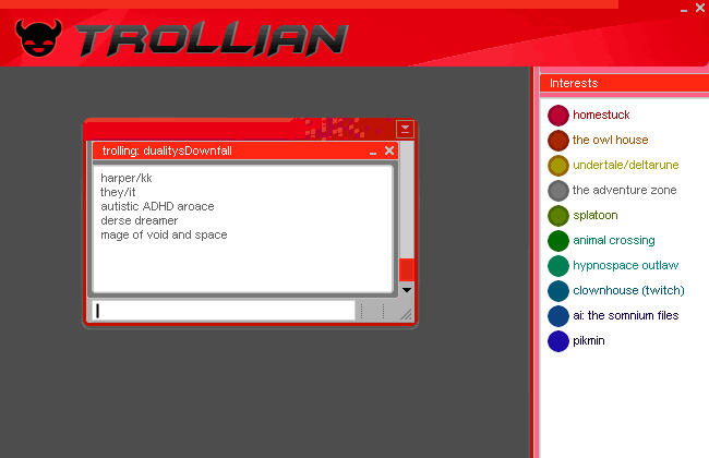 harper/KK. they/it. autistic ADHD asexual. derse dreamer. mage of void. interests: homestuck. owl house. undertale & deltarune. adventure zone. splatoon. animal crossing. hypnospace outlaw. ClownHouse (twitch). ai: the somnium files.
